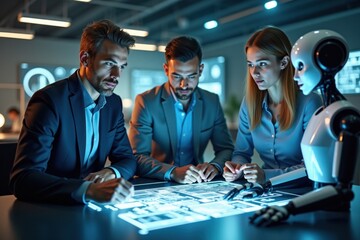 Team of professionals collaborating with a humanoid robot on futuristic holographic interface, symbolizing innovation, artificial intelligence, and advanced technology