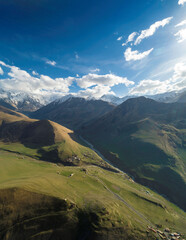 Aerial panorama of mountain peaks. Landscape and nature of the North Caucasus