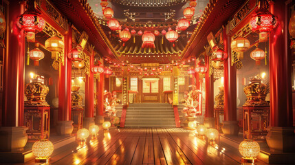 Fototapeta premium Chinese New Year temple fair, traditional festive theme, vibrant colors, rich red and gold details, detailed cultural elements, high-resolution illustration
