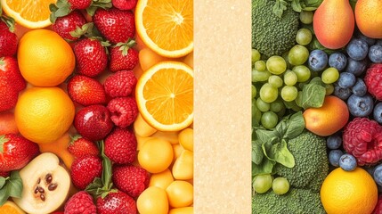 Fresh assortment of colorful fruits and vegetables arranged appealingly for a healthy meal preparation