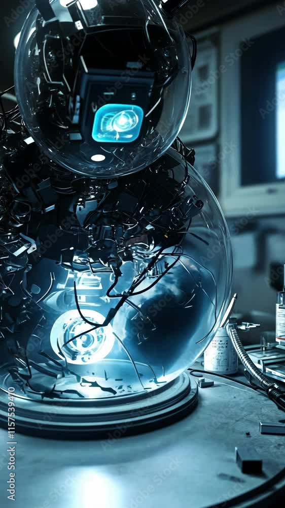 Poster surreal mechanical entity within a glass sphere in a futuristic laboratory setting at night