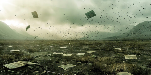 Scattered Documents and Birds in a Desolate Landscape