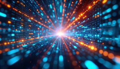 Obraz premium Dynamic flow of blue, orange light streams creates futuristic digital landscape. Fast data transfer tech advancement. Abstract scene evokes high-speed communication. No people in image. Modern