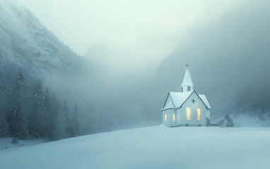 A wide-shot, hyper-realistic image of a small white church in a misty, snow-covered winter valley, with glowing windows and a white color palette
