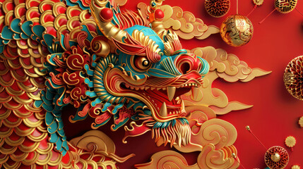 Fototapeta premium Chinese New Year, traditional festive theme, vibrant colors, rich red and gold details, detailed cultural elements, high-resolution illustration