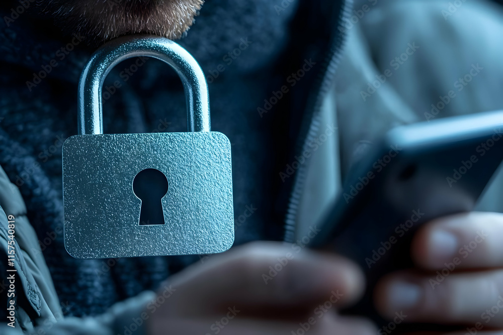 Poster padlock around a man's neck while using a smartphone, symbolizing data security and privacy concerns