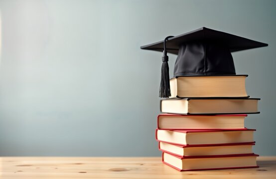 Graduation cap sits atop stack of books. Education, lifelong learning concept. Knowledge, academic achievement. Student achievement. Success, hard work. Image shows transition to online learning, AI