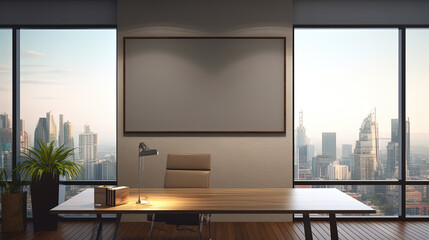 Wooden desk, lamp, and plant in front of a window with a city view.