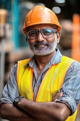 Indian worker smiling with crossed arms in a warehouse