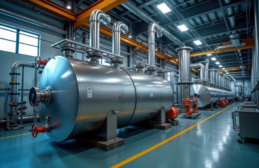 Modern industrial boiler room with several large gas boilers. Industrial heating system with pipes, equipment. Steel tanks, pipes present. Controlled environment for efficient heat production.