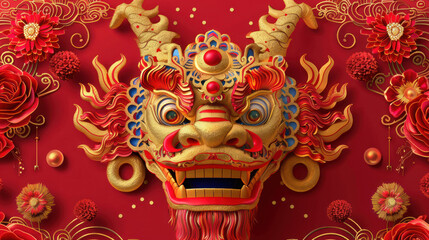 Fototapeta premium Chinese New Year vector, traditional festive theme, vibrant colors, rich red and gold details, detailed cultural elements, high-resolution illustration