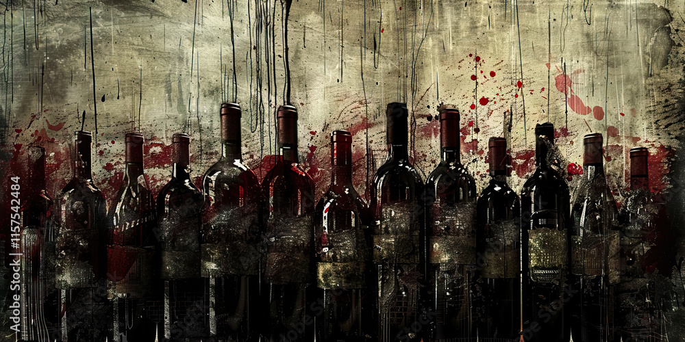 Poster multiple wine bottles against a distressed background with red splatters