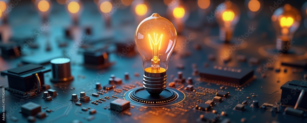 Leinwandbilder close-up tech photo of illuminated light bulb on circuit board. many light bulbs blurred in backgrou