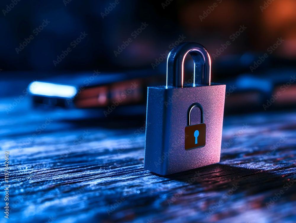 Poster close-up of a metallic padlock on a wooden surface, symbolizing data security and privacy with a blu