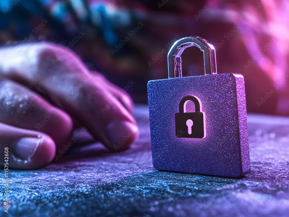 Poster close-up of a metallic padlock with a glowing lock symbol on a dark surface, a hand in the blurred b