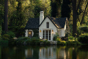 Fototapeta premium A small white house with a black roof, nestled in the woods beside an ancient lake. The windows of each room light up as if there is someone inside, creating a cozy and inviting atmosphere.