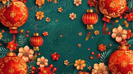 Chinese New Year vector, traditional festive theme, vibrant colors, rich red and gold details, detailed cultural elements, high-resolution illustration