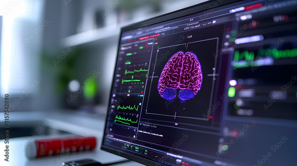 Poster close-up of a computer screen displaying a 3d brain scan with medical data.