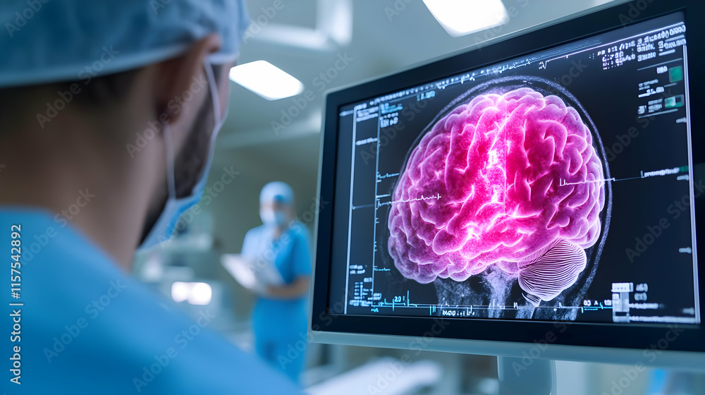 Poster neurosurgeon reviewing brain scan on monitor in operating room.