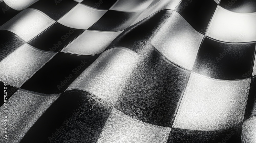 Poster Checkered pattern fabric draping over a surface, creating texture and depth in black and white colors during natural light
