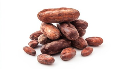 Obraz premium A Close-Up View of Richly Colored Cocoa Beans Stacked Together Against a Bright White Background Capturing Natural Textures and Unique Shapes of Chocolate Ingredient