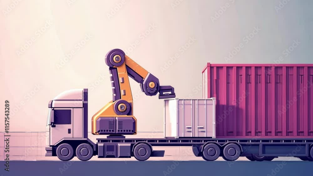 Poster modern logistics hub implementing automation with a robotic arm loading a white cargo container onto