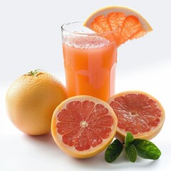 Refreshing grapefruit juice in a glass, accompanied by whole and halved grapefruits.
