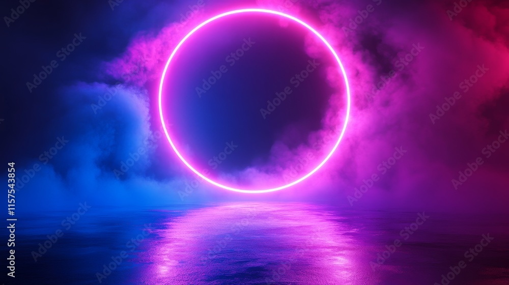 Poster vibrant neon circle surrounded by colorful mist reflecting on calm water at night in a futuristic se