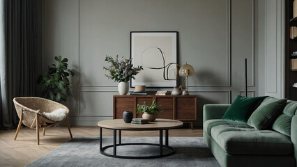 Fototapeta premium Mockup poster frame, round table, grey armchair, beige lamp, books, contemporary vase with green flowers, and personal items make up this chic living room arrangement. interior design. template.