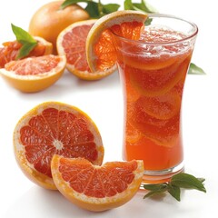Refreshing grapefruit drink with sliced grapefruits, garnished with leaves.