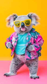 Sehr lustiger, cooler Koala im bunten Kost&uuml;m vor einem gelb-rosafarbenen Hintergrund.