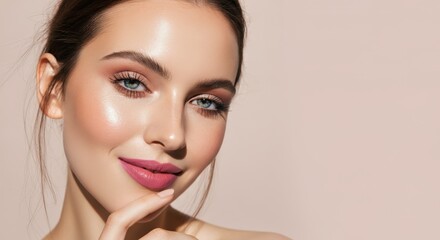 Fototapeta premium Elegant beauty portrait of young caucasian female with radiant skin and natural makeup