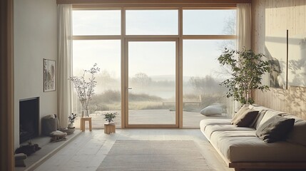 Fototapeta premium Minimalist living room with large windows overlooking a foggy landscape.