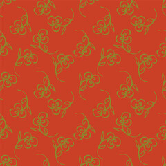 Hand drawing floral seamless pattern with cotton twigs and berries bouquets on a beige background. Winter Christmas themed background. Botanical illustration.