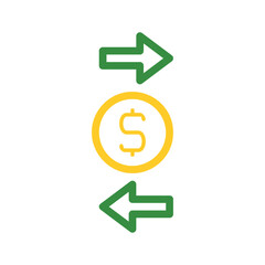 Currency exchange icon with dollar coin and arrows. Concept of money transfer, transaction, and finance.