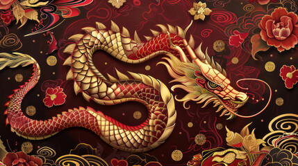 Fototapeta premium Chinese New Year zodiac snake, traditional festive theme, vibrant colors, rich red and gold details, detailed cultural elements, high-resolution illustration