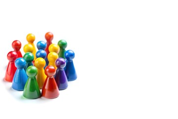 Colorful Game Pawns Close-Up Placed on Left Side of White Background with Copy Space