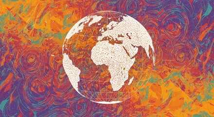 Naklejka premium Abstract Line Art of Planet Earth Globe in Space, Science Astronomy Graphic, Messy Colorful Design