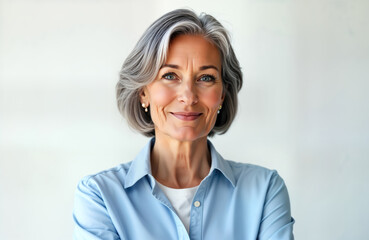 Confident mature woman stands against white background. Senior businesswoman with gray hair looks directly at camera with pleasant expression. Pro, successful female executive business leader.