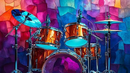 Drum, Drums Neon  Background. Macro abstract  collage of glowing creative wallpaper .copy space 