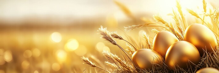 Golden Easter Eggs are Delightfully Surrounded by Dense and Lush Wheat in a Serene and Peaceful Landscape, Capturing the Beautiful Essence of Springtime Celebration and Joyful Festivities