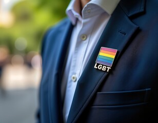 Person wears suit jacket with LGBT pride pin. Colorful rainbow flag pin on lapel. Pride symbol displayed. Formal attire. Equality statement. Support for community. Public display of pride. Potential