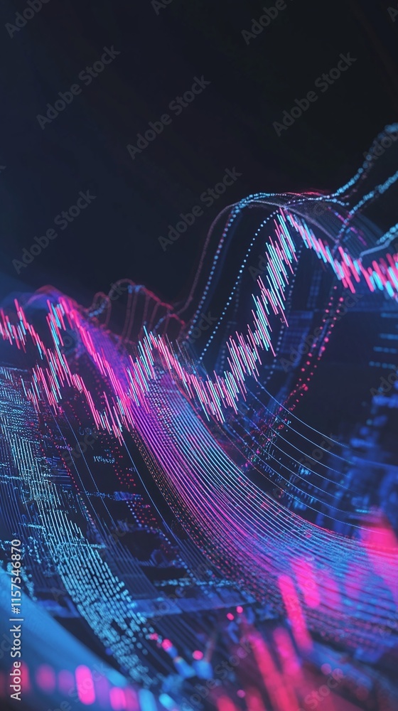 Poster abstract digital visualization representing microstrategy stock intertwined with cryptocurrency tren
