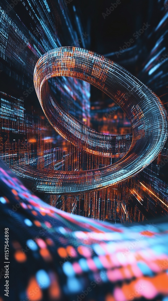 Poster abstract digital visualization representing microstrategy stock intertwined with cryptocurrency tren