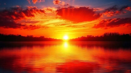 Fototapeta premium Fiery sunset over calm lake reflecting vibrant colors.