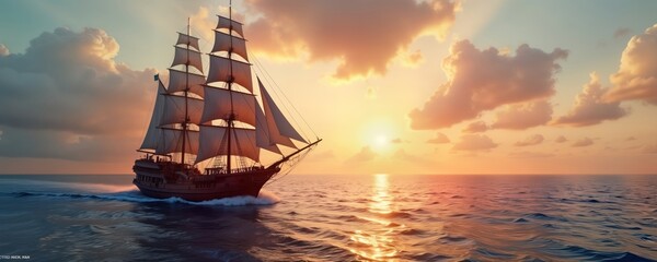 Obraz premium Majestic pirate ship sails ocean sunset. Beautiful vintage vessel floats on water. Sunrise adventure. Fairytale atmosphere. Wooden ship sails smoothly. Ocean journey. Retro cruise. Pirate ship. Calm