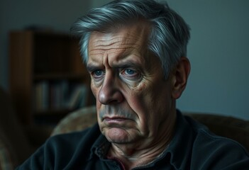 Obraz premium Old male with sorrowful expression and dimly lit room