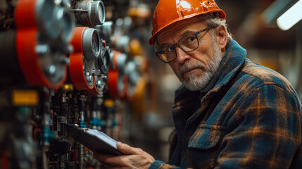Middle-Aged Home Inspector Examining Plumbing and Electrical Systems in Technical Room