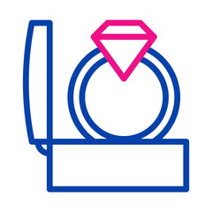 Diamond engagement ring in box icon. Concept of proposal, marriage, and wedding.