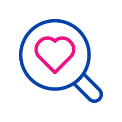 Magnifying glass with heart icon. Concept of love, dating, and relationship.